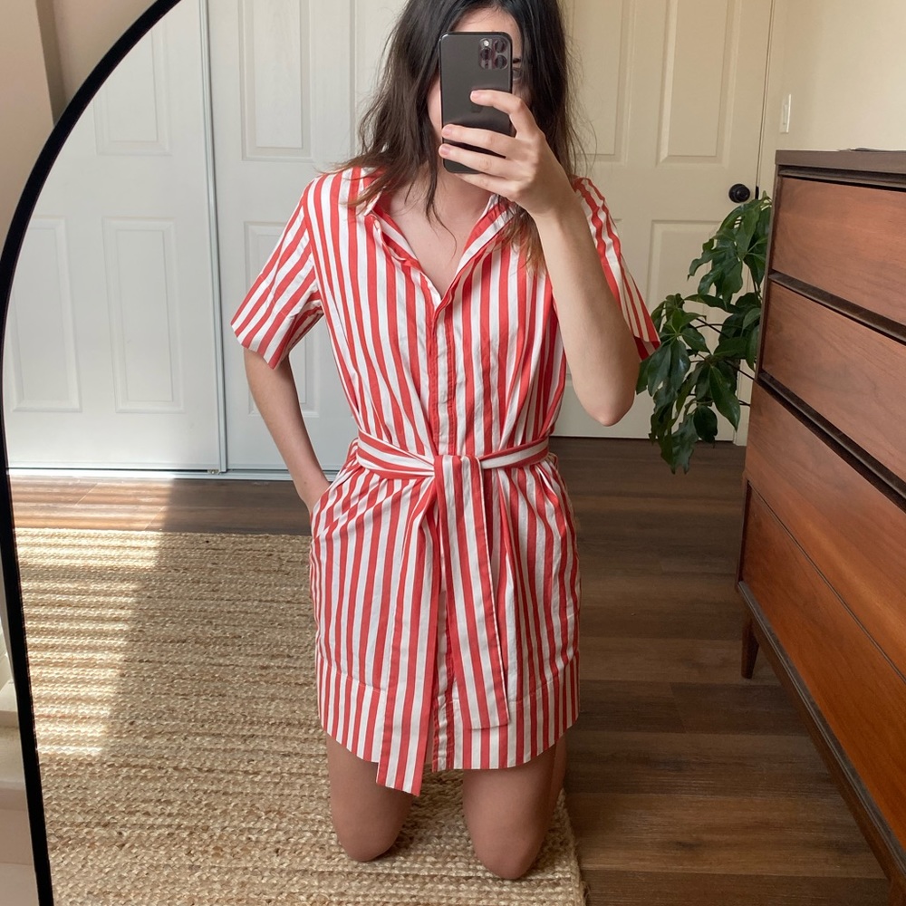 Everlane collarless belted shirt dress